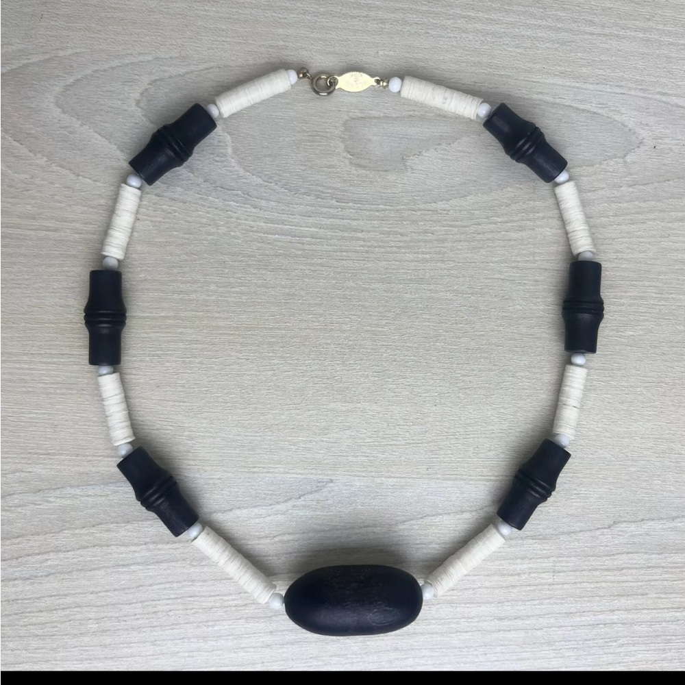 Alexis Kirk Necklace Signed Beaded Vintage Modernist Minimalist 17" Black White